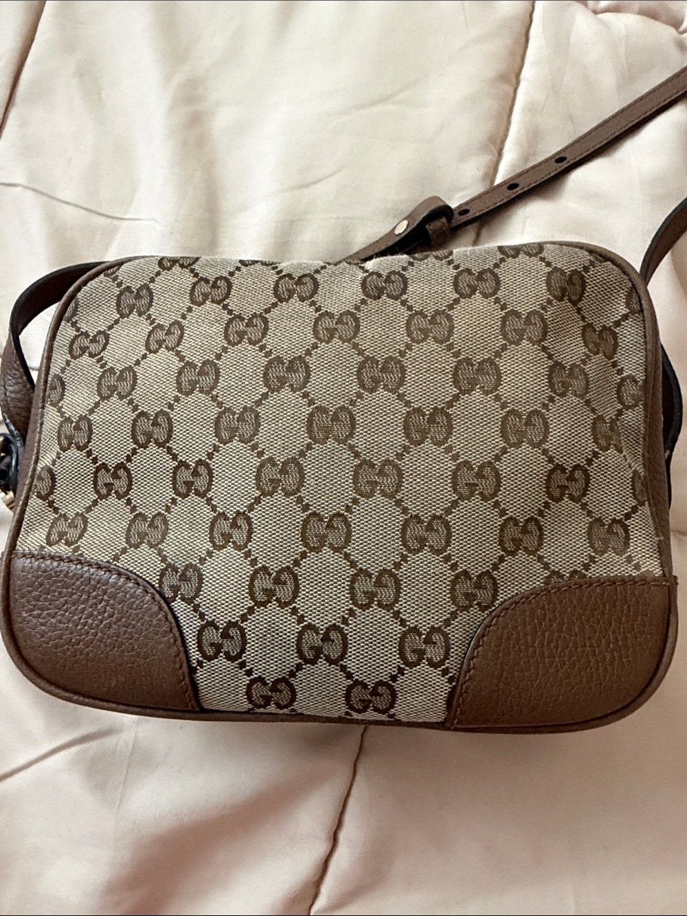 Gucci Tan GG Canvas Crossbody Bag with Brown Leather Trim